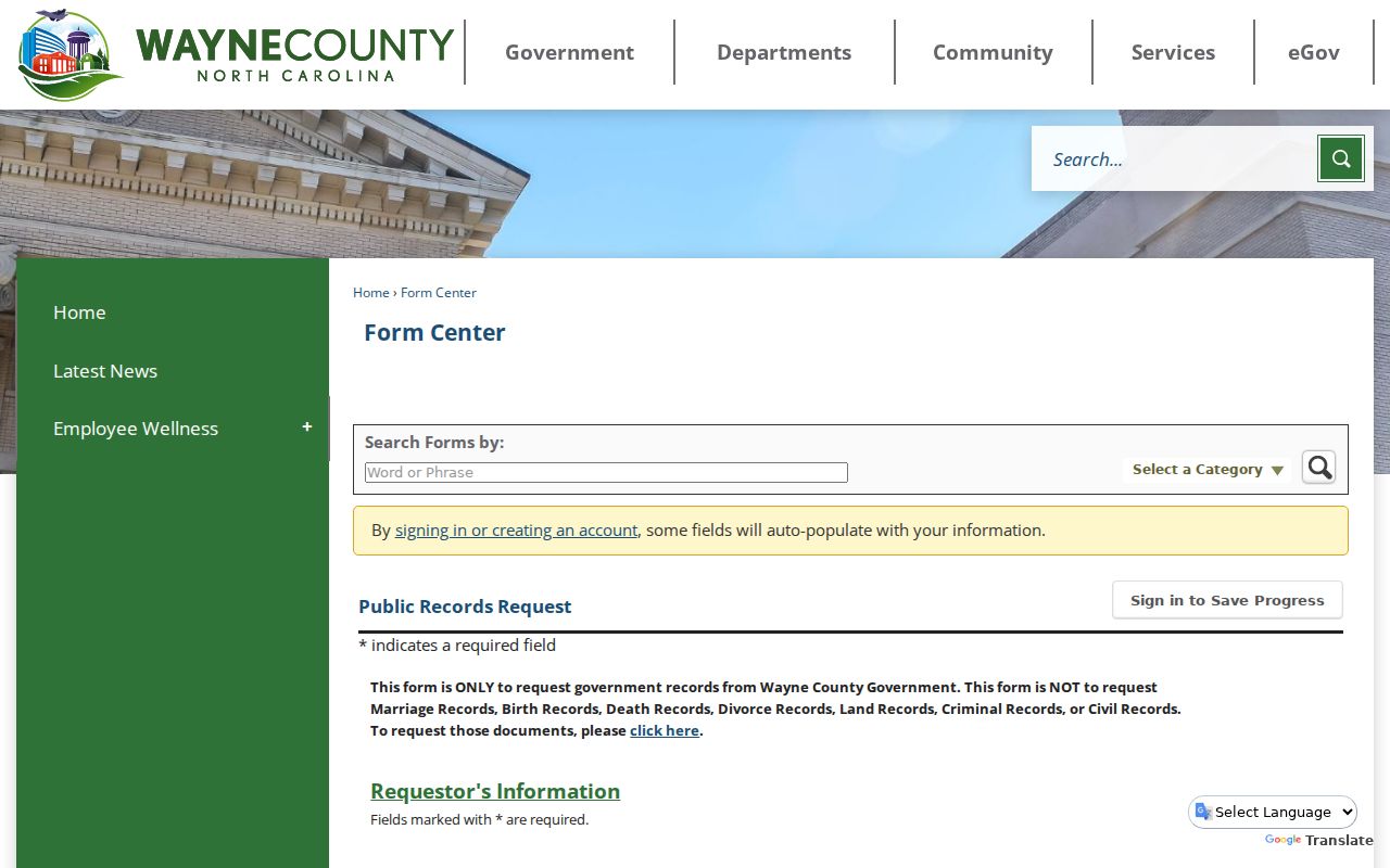 Wayne County public records form for noncourt administrative records