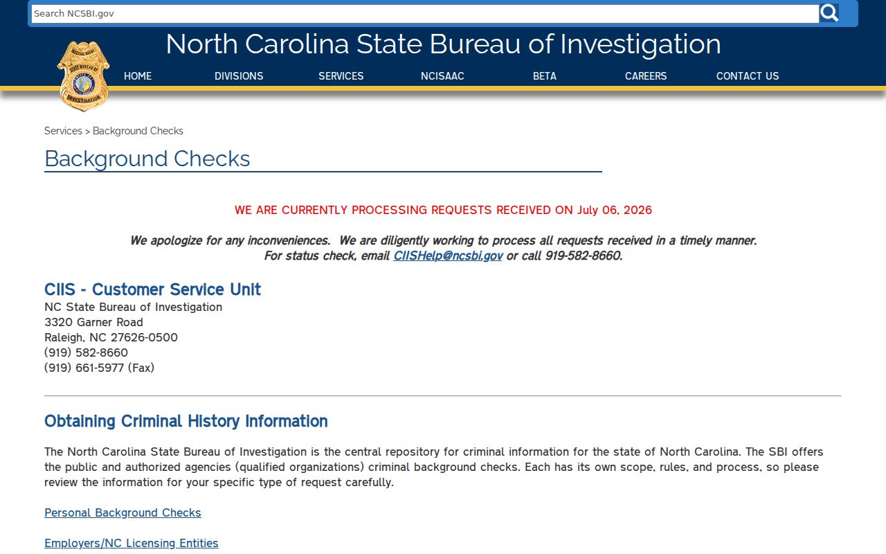 Wayne County criminal history options on the North Carolina SBI background check page