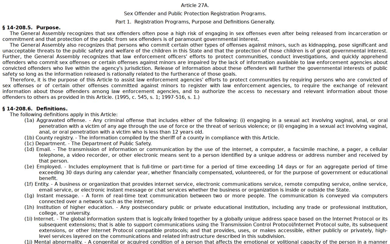 North Carolina statutes governing Wayne County sex offender registration