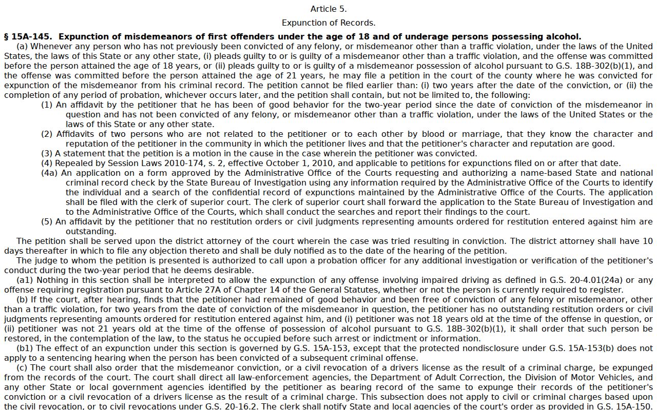North Carolina expunction statutes affecting Wayne County arrest records