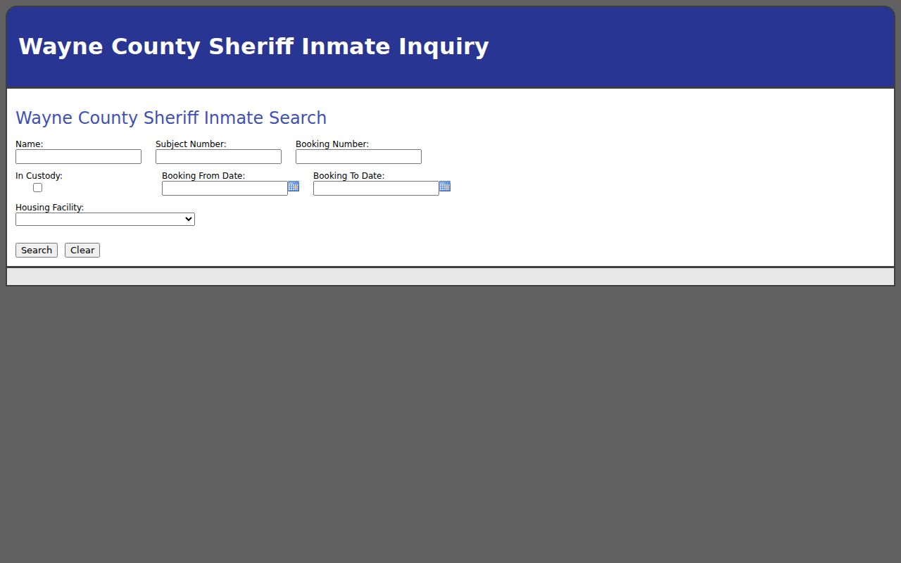 Wayne County arrest and booking search fields in Inmate Inquiry