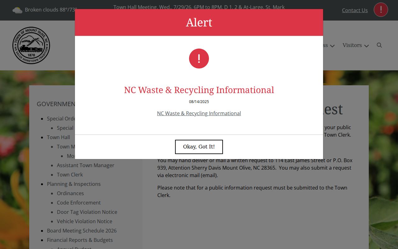 Mount Olive public information request channel for Wayne County town records