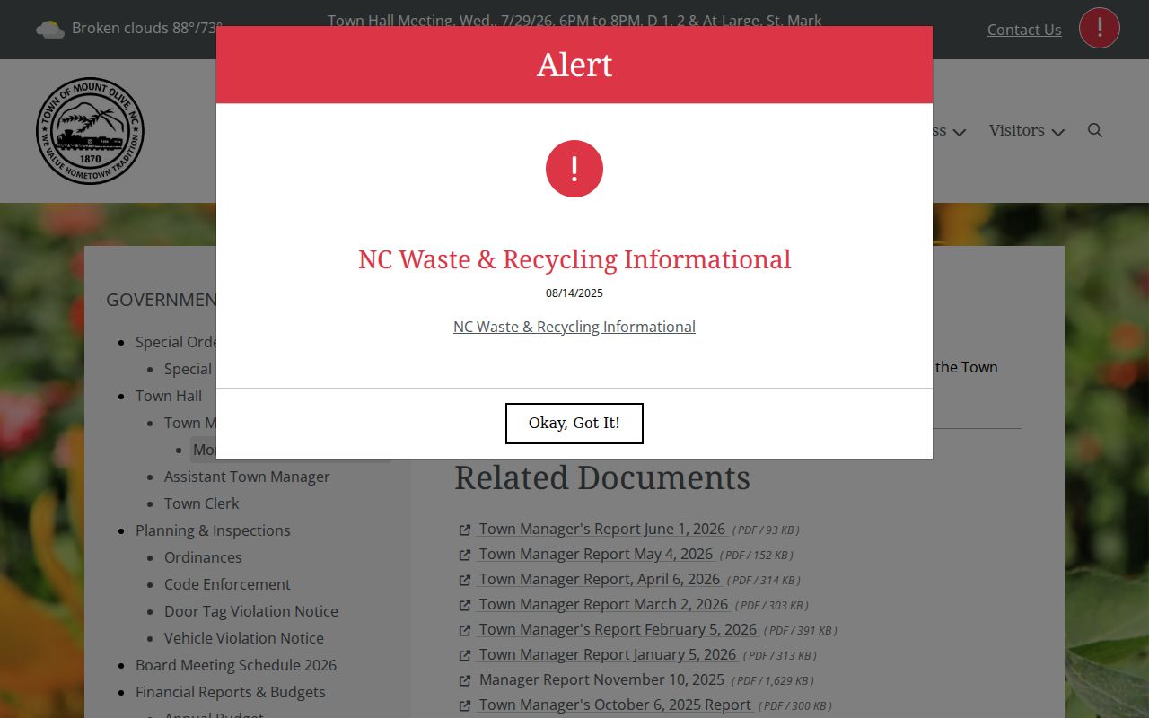 Mount Olive monthly reports archive for Wayne County activity records